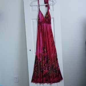 Vintage 90s What's Hot Boho Festival Gypsy Beach Artsy Print Halter Maxi Dress